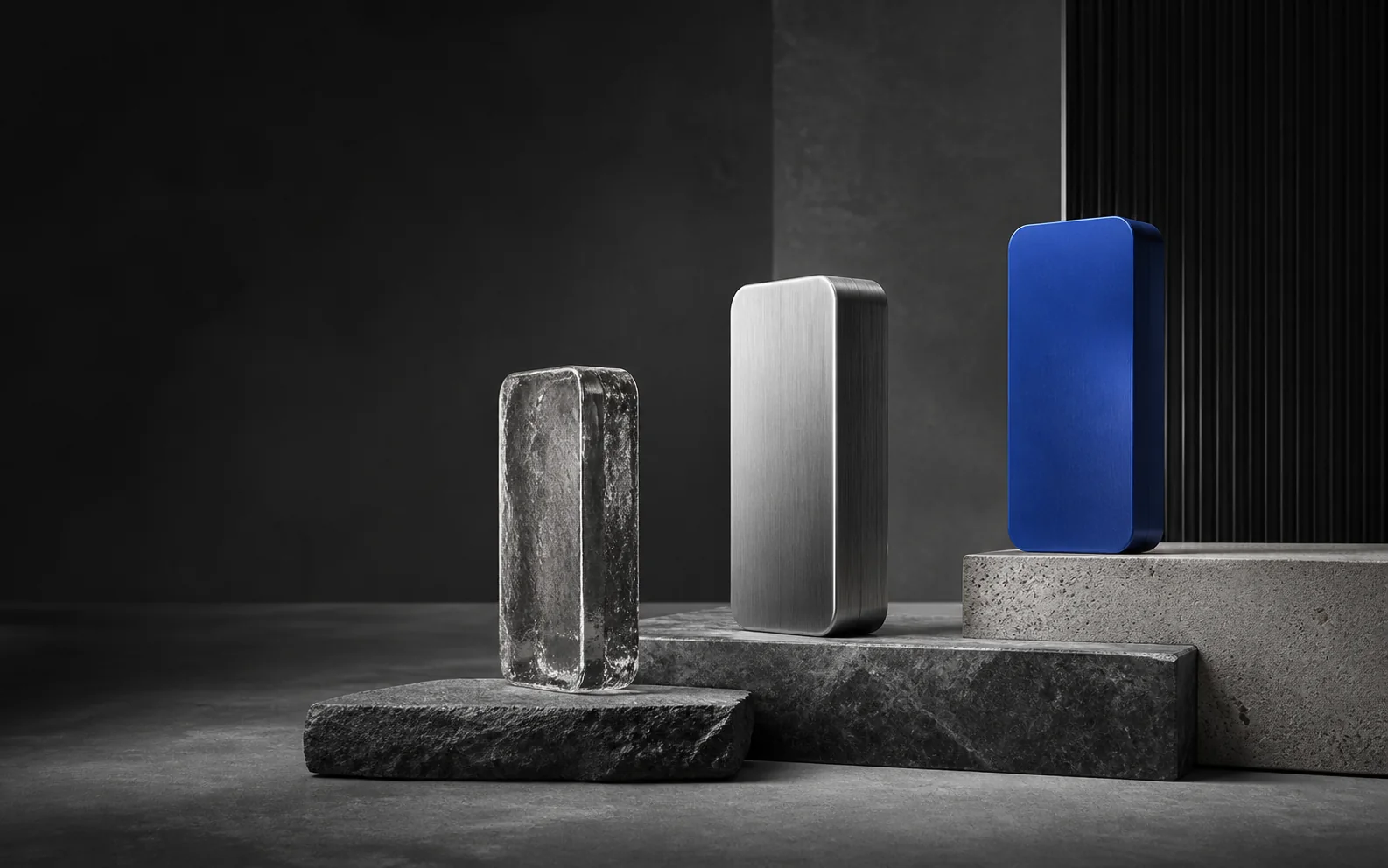 Three product forms progressing from rough glass to finished cobalt material